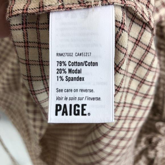 PAIGE Torin Check Blouse In Sandy Shell/ Spice Drawstring Bell Sleeves - Picture 9 of 9